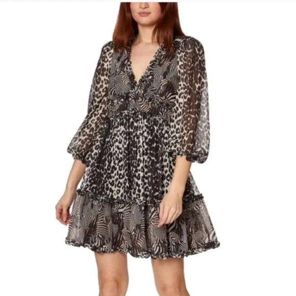 Betsey Johnson Leopard Zebra Print Ruffle Babydoll Dress Sheer Sleeve Sz 12 - Picture 1 of 6